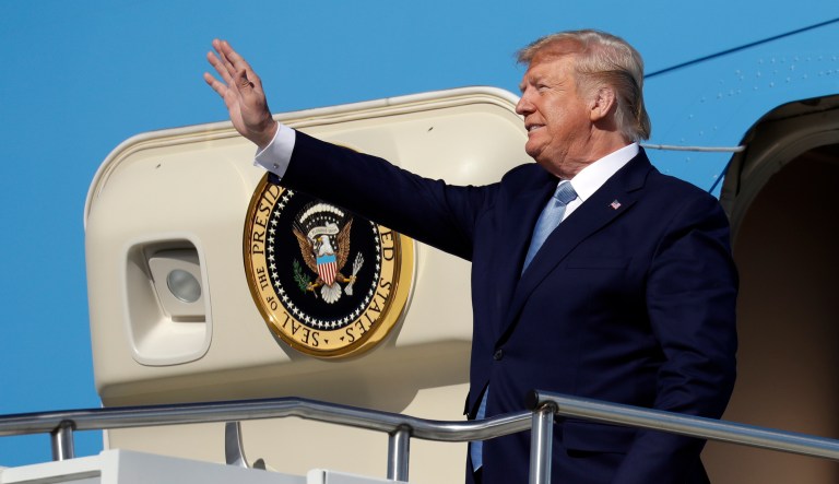President Donald Trump arrives at Pittsburgh International Airport to attend the 9th annual Shale Insight Conference, Wednesday, Oct. 23, 2019, in Pittsburgh.