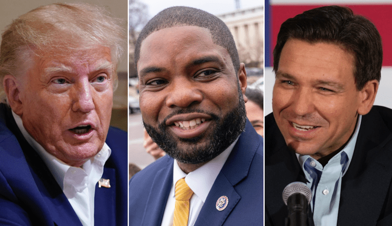 Former President Donald Trump (left), Rep. Byron Donalds (R-FL) (center), and Gov. Ron DeSantis (R-FL).