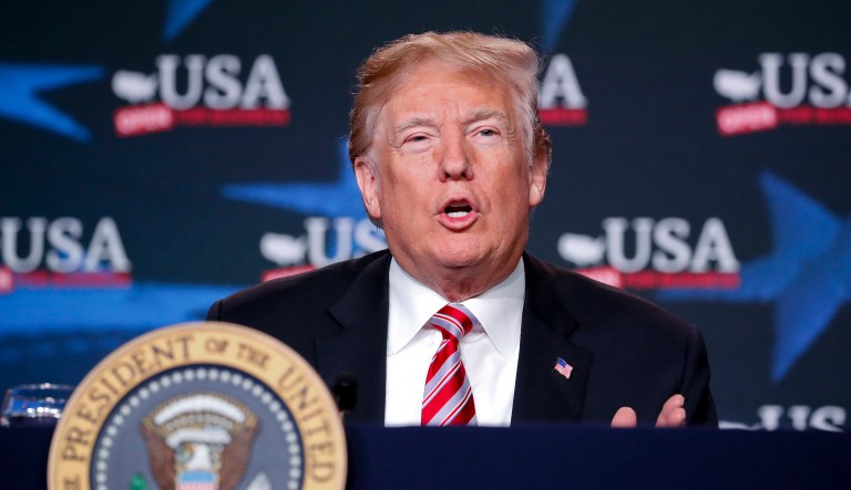 President Donald Trump speaks at an event to promote his tax cut package at Bucky Dent Park in Hialeah, Fla., Monday, April 16, 2018.