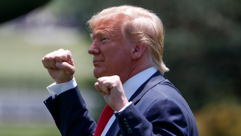 President Donald Trump gestures as he walks to Marine One across the South Lawn of the White House in Washington, Wednesday, June 26, 2019, for the short trip to Andrews Air Force Base en route to Japan for the G-20 summit.