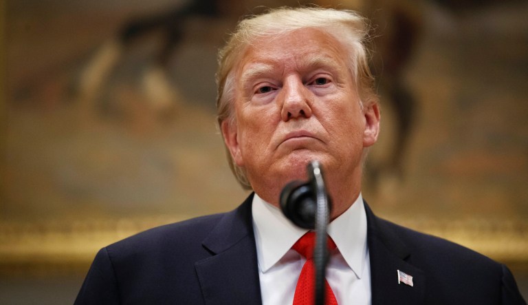 President Donald Trump listens to a reporter's question in the Roosevelt Room of the White House, Wednesday, Sept. 4, 2019, in Washington. Trump announced state opioid response grants.                      