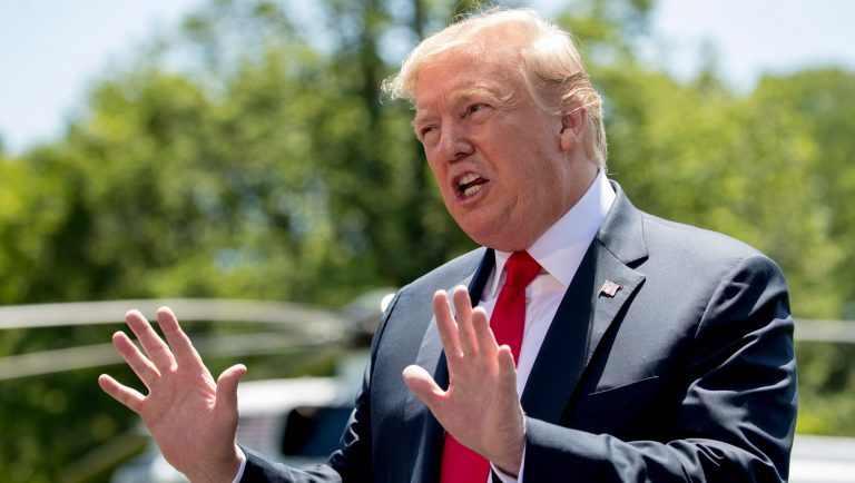 President Donald Trump speaks to members of the media on the South Lawn of the White House in Washington, Friday, May 24, 2019, before boarding Marine One for a short trip to Andrews Air Force Base, Md, and then on to Tokyo. 