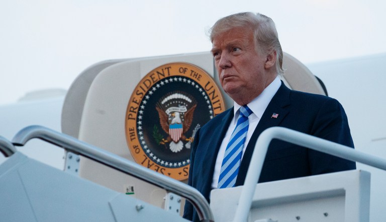 President Donald Trump arrives on Air Force One, Monday, Aug. 13, 2018, in Andrews Air Force Base, Md.