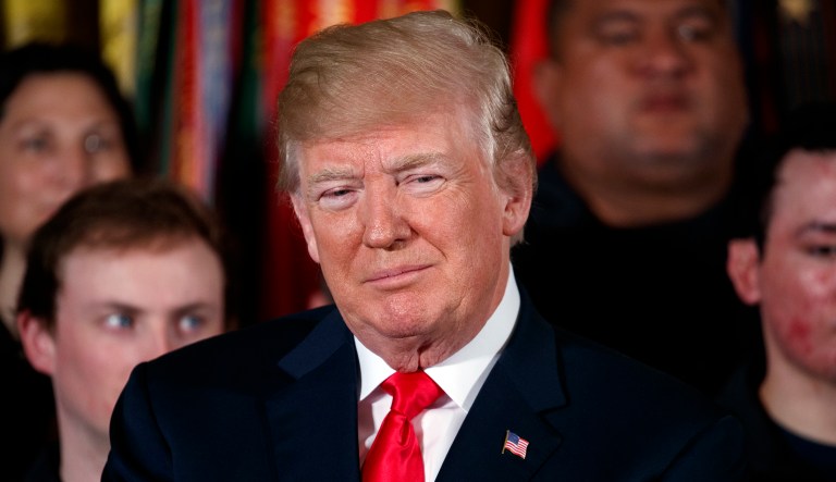 President Donald Trump listens during an event for the Wounded Warrior Project Soldier Ride in the East Room of the White House, Thursday, April 26, 2018, in Washington.