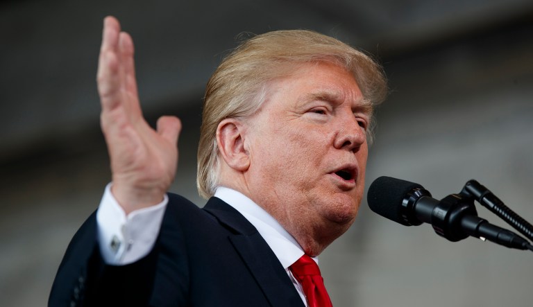 President Donald Trump giving a speech in San Diego.