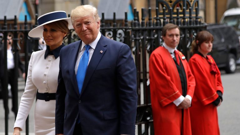 President Donald Trump and first lady Melania Trump arrive at Westminster Abbey in London, Monday, June 3, 2019 on the opening day of a three day state visit to Britain. 