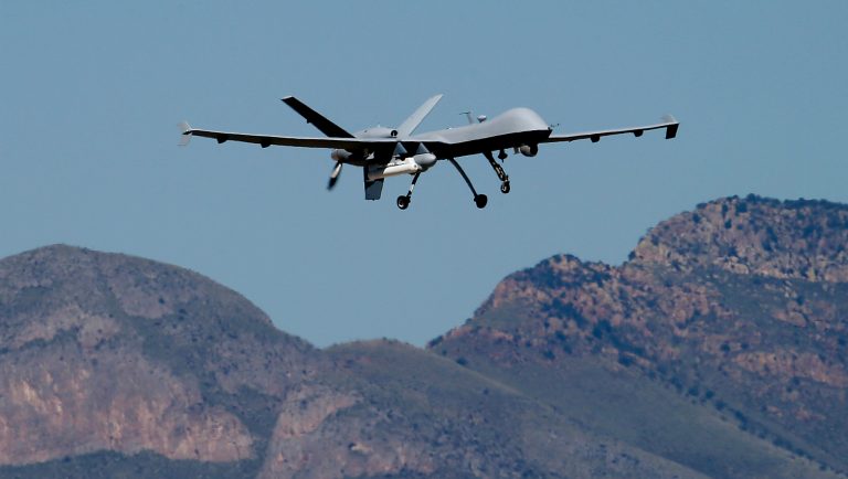 A U.S. Customs and Border Patrol drone aircraft lifts off, Wednesday, Sept. 24, 2014, at Ft. Huachuca in Sierra Vista, Ariz. The U.S. government now patrols nearly half the Mexican border by drones alone in a largely unheralded shift to control desolate stretches where there are no agents, camera towers, ground sensors or fences, and it plans to expand the strategy to the Canadian border. It represents a significant departure from a decades-old approach that emphasizes boots on the ground and fences. 