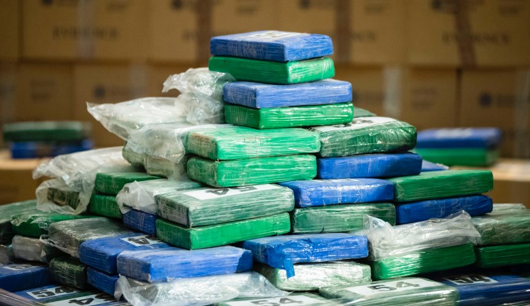 A fraction of the cocaine sized from a ship at a Philadelphia port is seen ahead of a news conference at the U.S. Custom House in Philadelphia, Friday, June 21, 2019. Federal officials have estimated the seized drugs had a street value of more than $1 billion.
