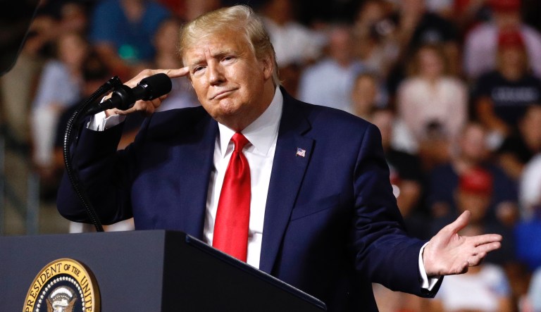 President Donald Trump speaks at a campaign rally, Thursday, Aug. 15, 2019, in Manchester, N.H.                                                                                                                                                                    