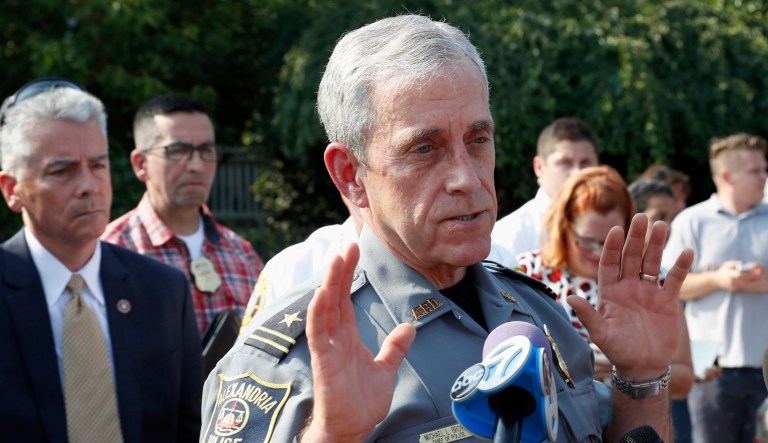 Alexandria, Va., Police Chief Michael Brown speaks about the shooting where House Majority Whip Steve Scalise of La. was shot at a congressional baseball practice. Brown said the suspect shot at officers, who returned fire. The suspect was reportedly shot and had been taken into custody. (AP Photo/Alex Brandon)