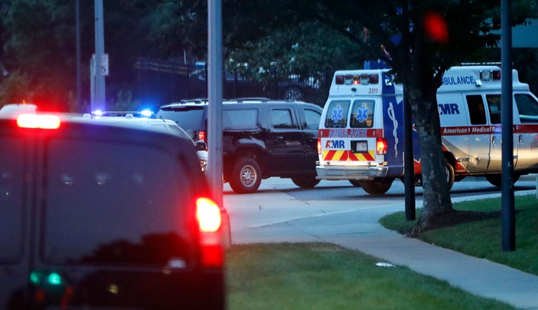 An armored SUV, transporting President Donald Trump and first lady Melania Trump, arrives at MedStar Washington Hospital Center in Washington, Wednesday, June 14, 2017, where House Majority Leader Steve Scalise of La. was taken after being shot in Alexandria, Va., during a Congressional baseball practice. (AP Photo/Pablo Martinez Monsivais)