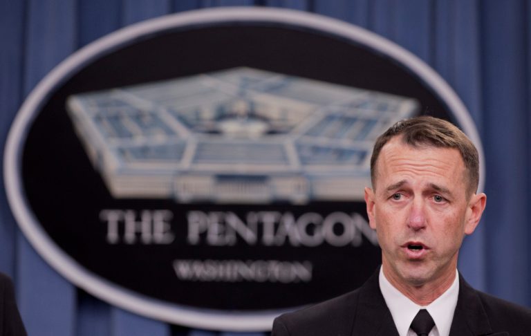 Adm. John M. Richardson, director of the Naval Nuclear Propulsion Program, speaks during a news conference at the Pentagon, Tuesday, Feb. 4, 2014.  The Navy is investigating alleged cheating on tests by senior enlisted sailors training on naval nuclear reactors at Charleston, S.C., officials said Tuesday   (AP Photo/Manuel Balce Ceneta)