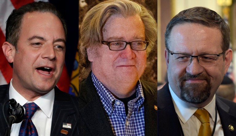 Former White House chief of staff Reince Priebus, former chief strategist Steve Bannon, and former deputy assistant to the president Sebastian Gorka all missed the 30-day deadline to file the financial reports. (AP Photo/Susan Walsh)
