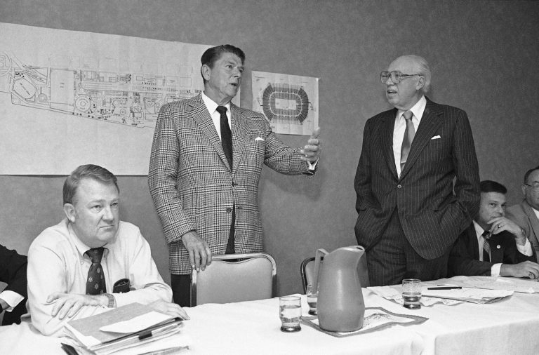 Candidate for the Republican nomination for President Ronald Reagan talks to members of his campaign staff in Los Angeles, Friday, June 13, 1980, to discuss possible running mates for November. About 30 regional campaign directors attended the session where a general understanding of the direction of the campaign was also discussed according to press aide Lynn Nofziger. At left is Reagan's chief of staff Ed Meese and standing is William Casey, campaign manager. (AP Photo/Fong)