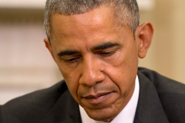 President Obama pauses during a meeting with Saudi Arabian Crown Prince Mohammed bin Nayef, and Deputy Crown Prince Mohammed bin Salman, Wednesday, May 13, 2015, in the Oval Office of the White House in Washington. The president said the derailment of Amtrak Train 188 