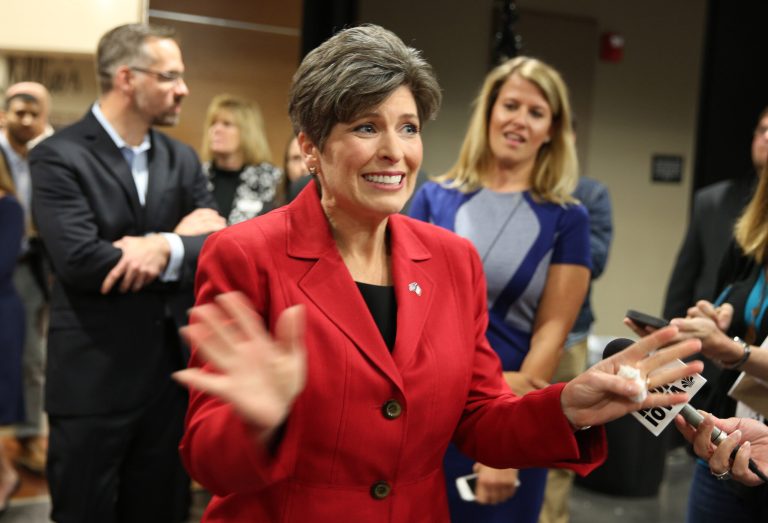 Republican senatorial candidate State Sen. Joni Ernst, makes a statement to the media after her debate with Democratic senatorial candidates Rep. Bruce Braley, at Simpson College Sept. 28, 2014, in Indianola, Iowa. (AP Photo/Justin Hayworth)