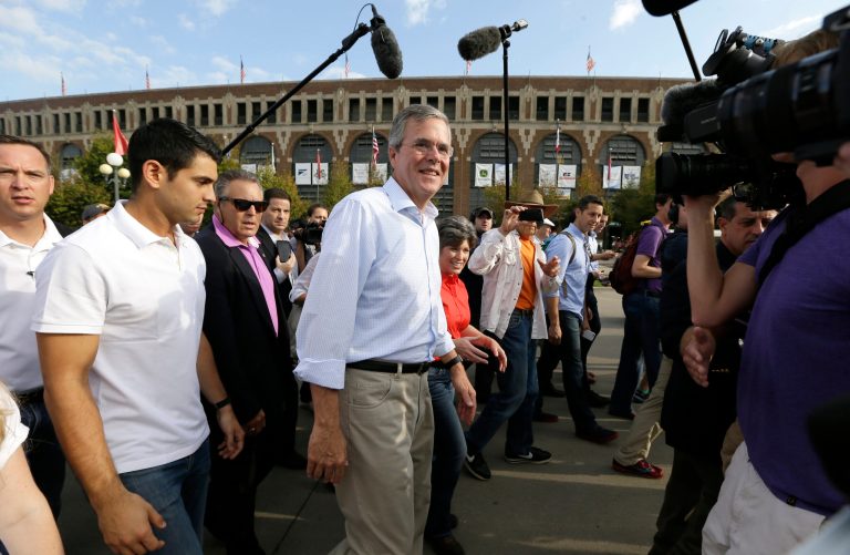 Republican presidential candidate former Florida Gov. Jeb Bush greets fairgoers during a visit to the Iowa State Fair, Friday, Aug. 14, 2015, in Des Moines, Iowa. (AP Photo/Charlie Neibergall)