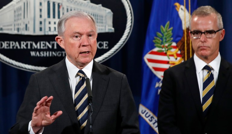 President Trump questioned Wednesday why Attorney General Jeff Sessions didn't fire Acting FBI Director Andrew McCabe when he took over as head of the Justice Department. (AP Photo/Jacquelyn Martin)