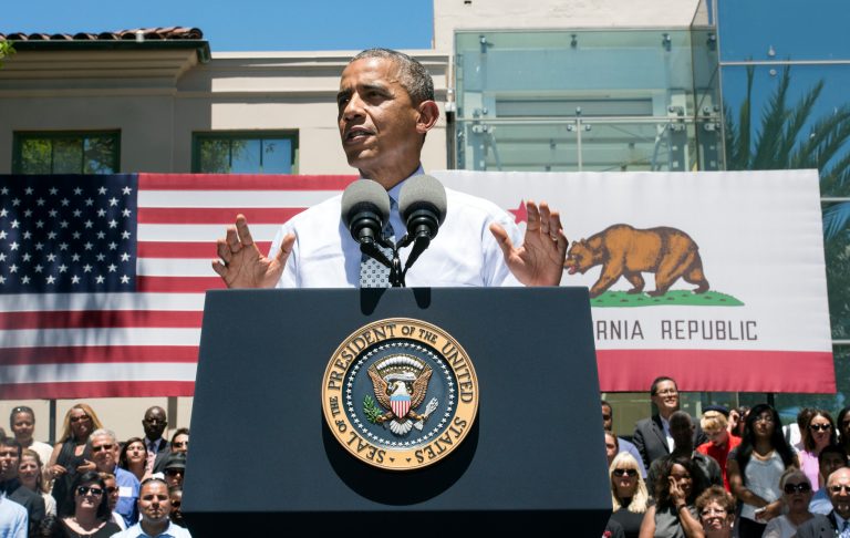 President Obama addresses the crowd at Los Angeles Trade-Technical College Thursday. (AP Photo/Orange County Register, Ed Crisostomo, Pool)