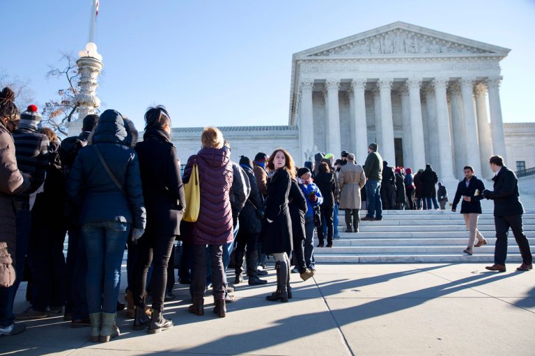 Thompson was among those outside the United States Supreme Court on Monday to rally during oral arguments in Friedrichs v. California Teachers Association. (AP photo/Jacquelyn Martin)