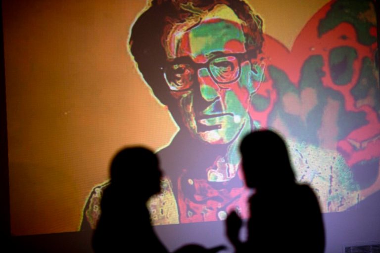 An image of U.S. director Woody Allen is projected on a wall at an art exhibit titled 