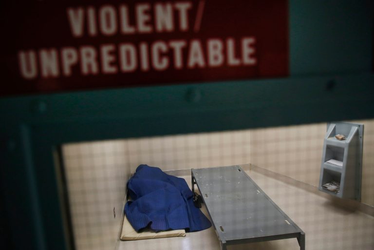 An inmate with mental health conditions sleeps on the floor in the Correctional Treatment Center Hospital, at the LA County Sheriffs Department Twin Towers Correctional Facility. (Bloomberg/Patrick T. Fallon/Bloomberg)