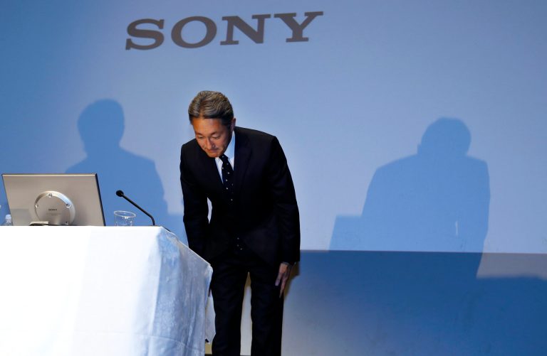 Sony Corp. President Kazuo Hirai bows at the end of a press conference at the company's headquarters in Tokyo, Wednesday, Sept. 17, 2014. Sony expects its annual loss to swell to $2 billion and has canceled dividends for the first time in more than half a century after writing down the value of its troubled smartphone business. Citing intense competition, especially from Chinese rivals, Sony said it anticipates a net loss of 230 billion yen ($2.15 billion) for the fiscal year that ends March 31, 2015. (AP Photo/Toru Takahashi)