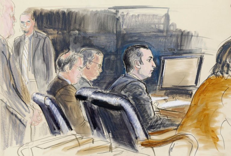 FILE- In this Feb. 25, 2013, courtroom sketch, former New York City Police Officer Gilberto Valle, second right, is seated at federal court in New York. An FBI agent says a New York police officer accused of conspiring with others on the Internet to kill and eat women was cooperative and willing to help the agency catch dangerous people on the Internet, not just those role playing, when he was arrested in October. (AP Photo/Elizabeth Williams, File)