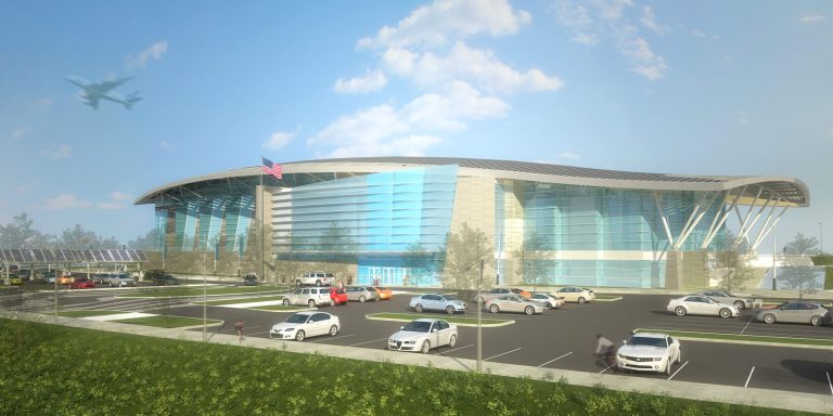 Rendering of the view from Boundary Channel Drive of a proposed $80 million swimming complex in Arlington (Courtesy of Arlington County)