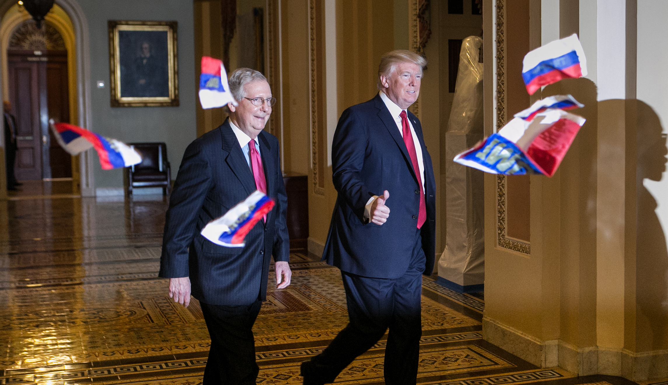 ‘Trump is treason’: Protester confronts the president with Russian flags on Capitol Hill