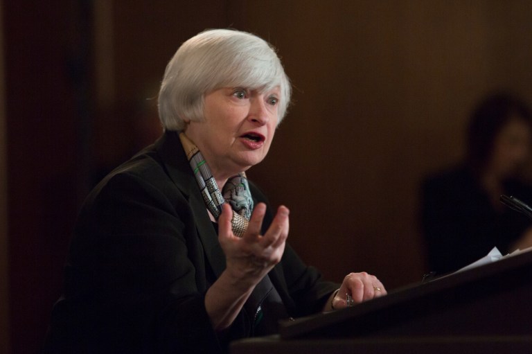 Federal Reserve Chairwoman Janet Yellen speaks at a news conference on Wednesday, March 19th, 2014, following a meeting of the Board of Governors of the Federal Reserve System in Washington. (Examiner/Graeme Jennings)