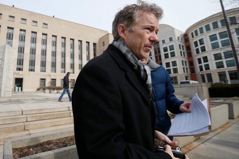 Republican Senate challenger Matt Bevin's credibility was damaged by revelations he praised the 2008 federal bank bailout years before turning it into a campaign issue, railing against Senate Minority Leader Mitch McConnell for voting for it, Sen. Rand Paul said Monday. (AP Photo/Charles Dharapak)