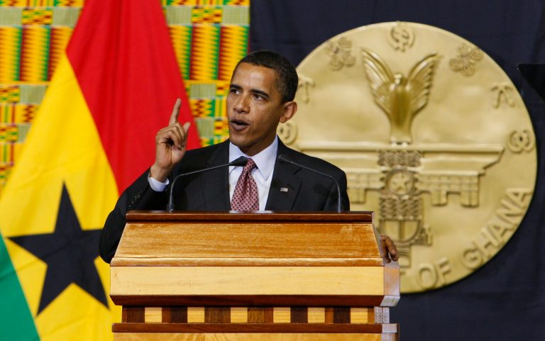 FILE - This July 11, 2009, file photo shows President Barack Obama as he addresses the Ghanaian Parliament in Accra, Ghana. President Barack Obama is gathering nearly 50 African heads of state in Washington for an unprecedented summit aimed in part at building his legacy on a continent where his commitment has been questioned. (AP Photo/Charles Dharapak, File)