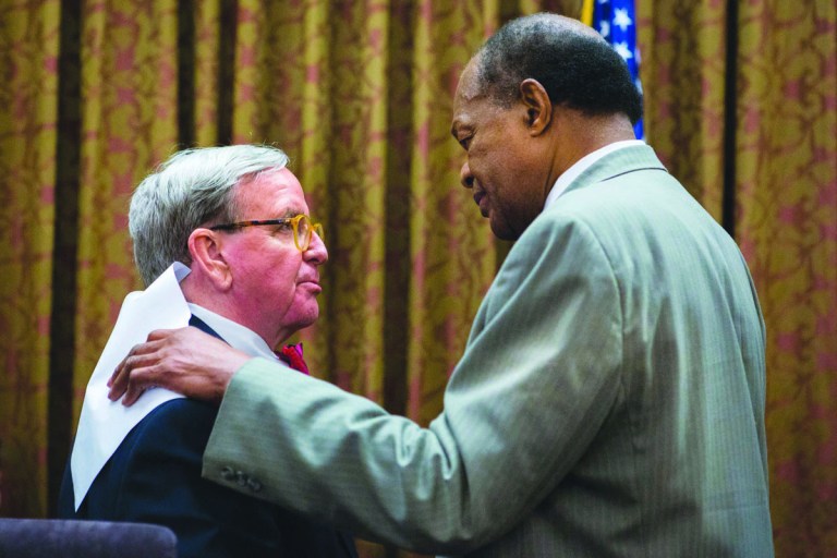 Graeme Jennings/Examiner
D.C. Councilman Marion Barry shows his support for fellow Councilman, Jim Graham, who was reprimanded on Monday by the D.C. Council in an 11-2 vote, on a resolution disapproving of Graham's conduct involving a lottery contract scandal.