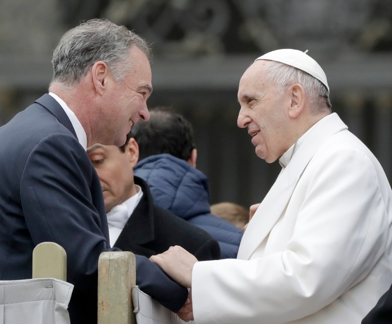 Sen. Tim Kaine, D-Va., on Wednesday met with Pope Francis in Vatican City to discuss the millions of refugees from countries in the Middle East. (AP Photo/Andrew Medichini)