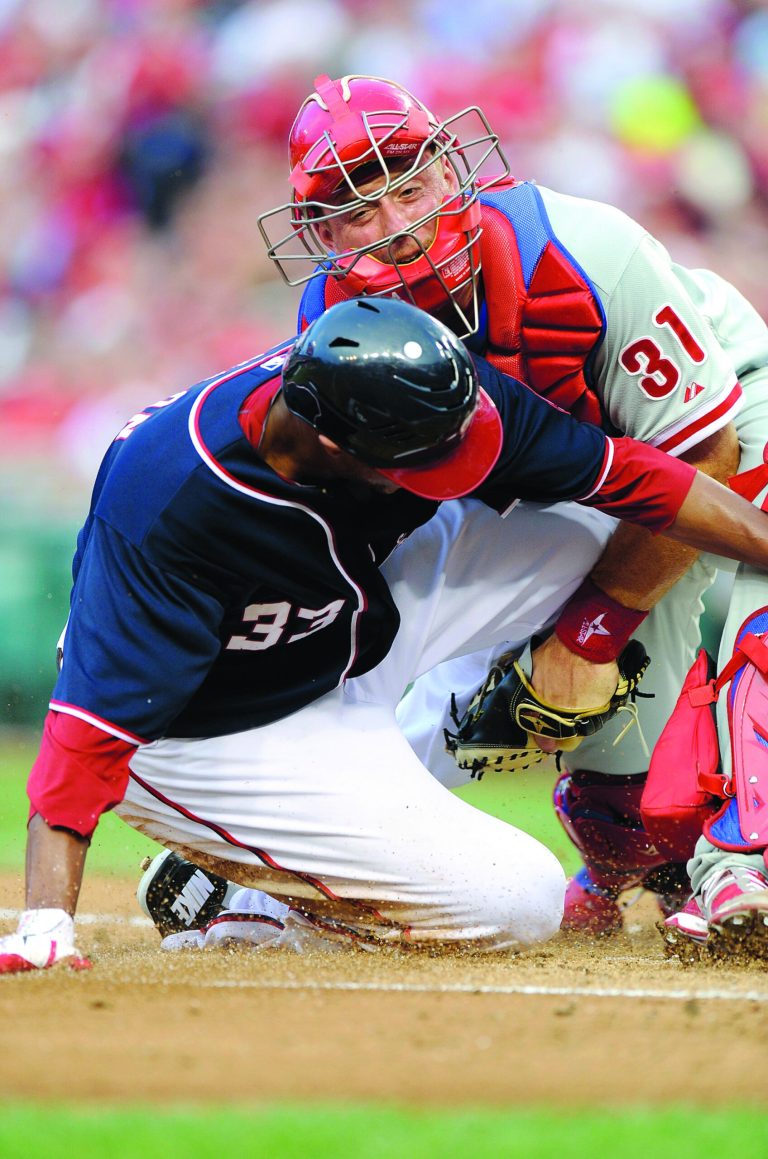 Greg Fiume/Getty Images
Jackson was tagged out a home plate in the second inning by catcher Erik Kratz.