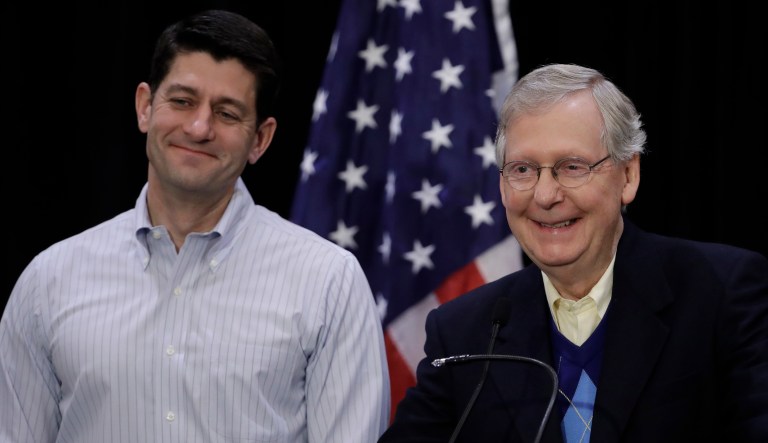 House Speaker Paul Ryan and Senate Majority Leader Mitch McConnell said Thursday that they back President Trump's decision to pull America out of the Paris climate agreement. (AP Photo/Matt Rourke)