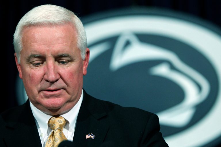 FILE - Pennsylvania Gov. Tom Corbett makes remarks during a news conference after a Penn State Board of Trustees meeting in this Nov. 10, 2011 file photo taken in State College, Pa. Corbett disclosed the resignations of Environmental Protection Secretary Christopher Abruzzo and Glenn Parno, a top lawyer in the Department of Environmental Protection, in separate announcements hours apart Thursday Oct. 2, 2014.  (AP Photo/Matt Rourke, File)