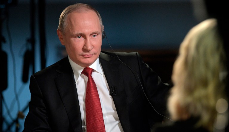 In this Saturday, June 3, 2017, photo released Monday, June 5, 2017, Russian President Vladimir Putin faces an interview with NBC's 