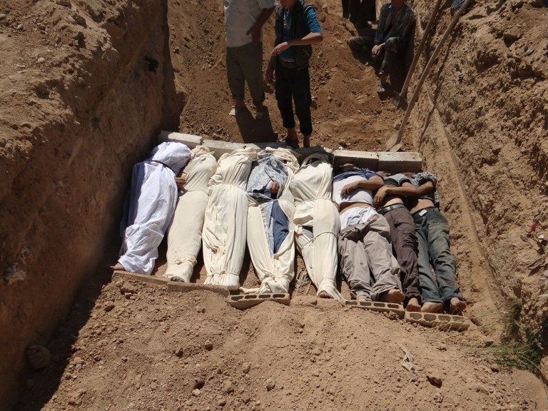   FILE- This Aug. 21, 2013, file image provided by by Shaam News Network, which has been authenticated based on its contents and other AP reporting, purports to show several bodies being buried during a funeral in a suburb of Damascus, Syria. A senior administration official said Sunday, Aug. 25, 2013, that there is âvery little doubtâ that a chemical weapon was used by the Syrian regime against civilians in an incident that killed at least a hundred people last week, but added that the president had not yet decided how to respond. (AP Photo/Shaam News Network, File)  