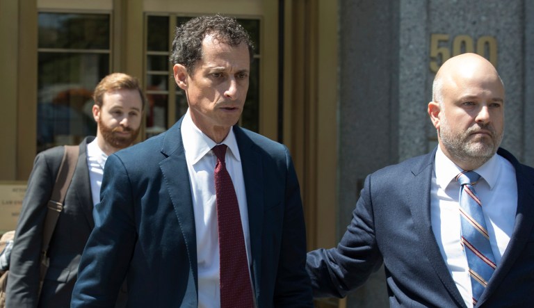 Former Rep. Anthony Weiner leaves Federal court in New York after pleading guilty to a charge of transmitting sexual material to a minor. (AP Photo/Mary Altaffer, File)