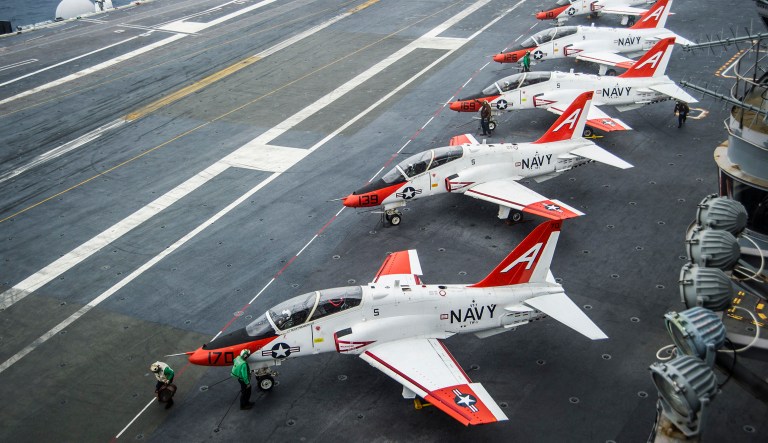 The lack of student flights is delaying the progression of 25 students per month, or a total of 75 Navy pilots by the end of this month, Grosklags said. (Petty Officer 2nd Class Bryan Mai/U.S. Navy via AP)
