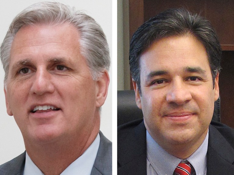 Kevin McCarthy of California and Raul Labrador of Idaho both figure prominently in the battle for the House Republican leadership. (AP Photos)