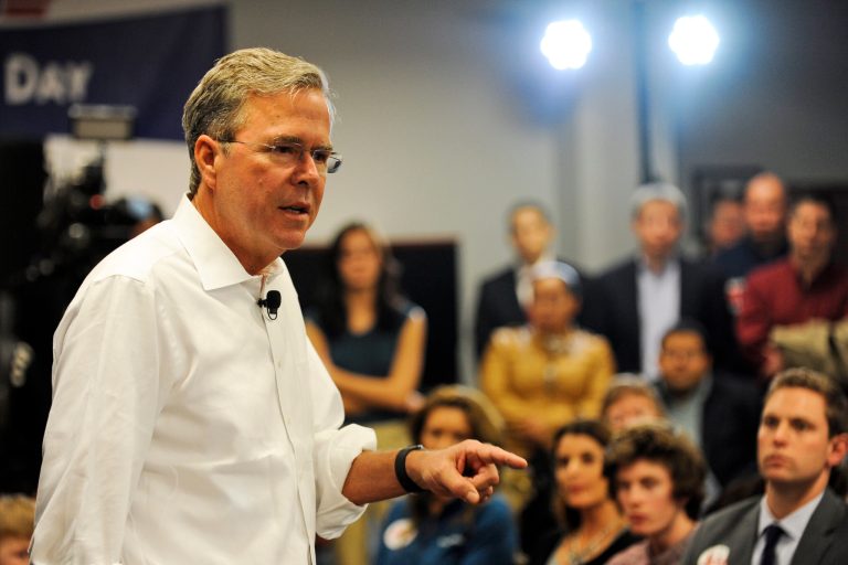 Republican presidential candidateÂ Jeb Bush has fallen to fifth place in his home state, according to a poll of Florida voters. (Alex McDougall/The Grand Rapids Press via AP)