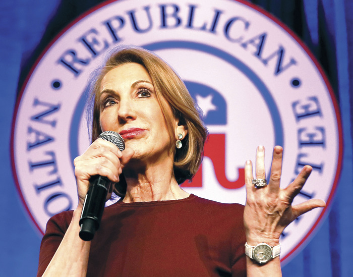 Republican presidential candidate Carly Fiorina speaks at the Republican National Committee's spring meeting Wednesday, May 13, 2015, at the Phoenician Resort in Scottsdale, Ariz. (AP Photo/Matt York)