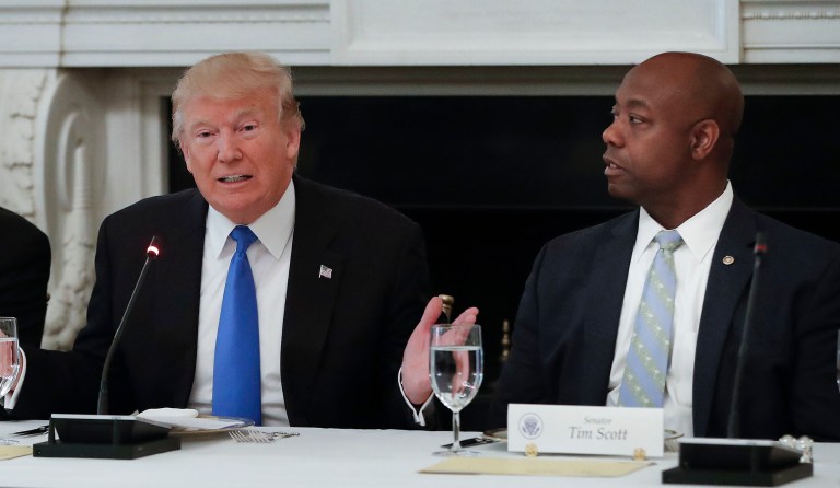 President Trump will seek out advice on racial issues confronting the nation from South Carolina Sen. Tim Scott, the first African-American senator in the state's history, and the only African-American senator who is Republican. (AP Photo/Pablo Martinez Monsivais)