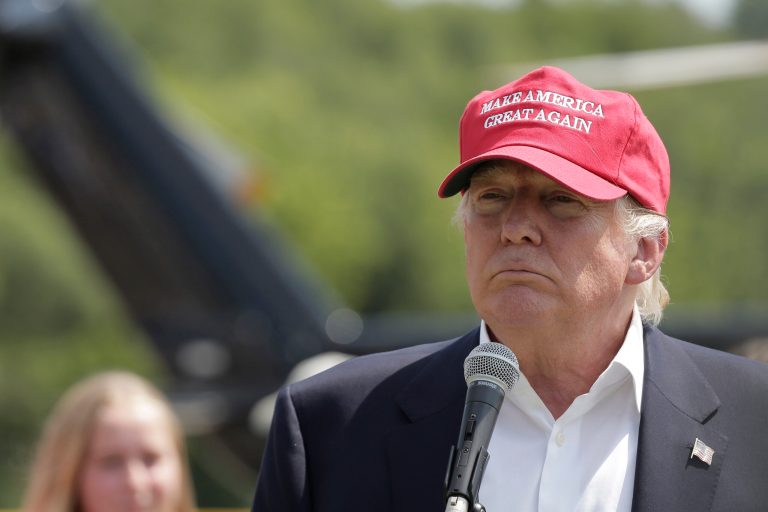 Republican presidential candidate Donald Trump sporting hisÂ popular campaign slogan 