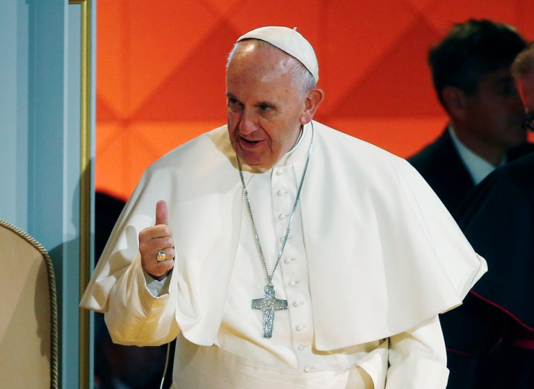 Pope Francis gives a thumbs up to the orchestra as he attends the World Meeting of Families festival in Philadelphia, Saturday, Sept. 26, 2015. (Tony Gentile/Pool Photo via AP)