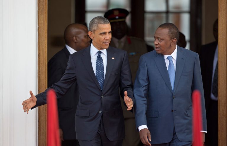 President Barack Obama, center, and Kenya's President Uhuru Kenyatta, right, arrive to speak to the media after meeting together at State House in Nairobi, Kenya Saturday, July 25, 2015. (AP Photo/Ben Curtis)
