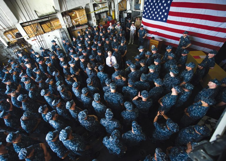 Secretary of the Navy Ray Mabus speaks to Sailors and Marines during an all-hands call aboard the guided-missile cruiser USS Monterey (CG 61) in Manama, Bahrain. (U.S. Navy photo by Chief Mass Communication Specialist Sam Shavers/Released)